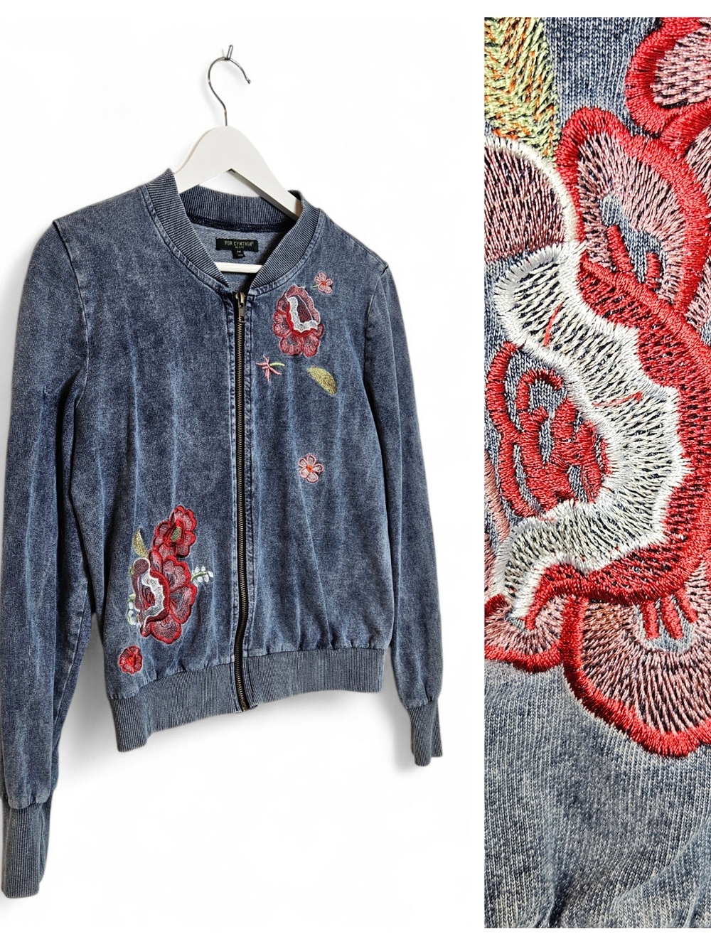 For Cynthia Bomber Jacket PM Floral Embroidered Denim Look Boho Cottagecore Blue